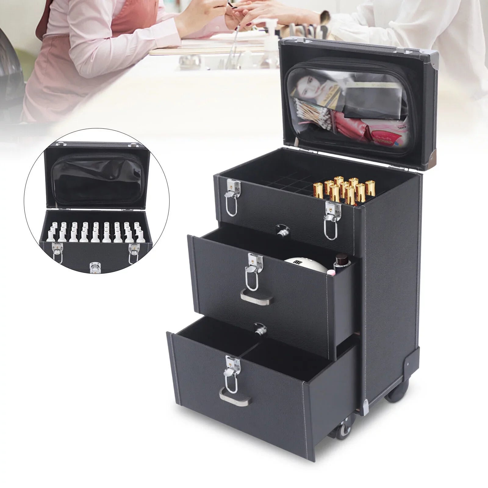 Nail Polish Storage box Travel Makeup Rolling Organizer Cosmetics Train Case with Wheels