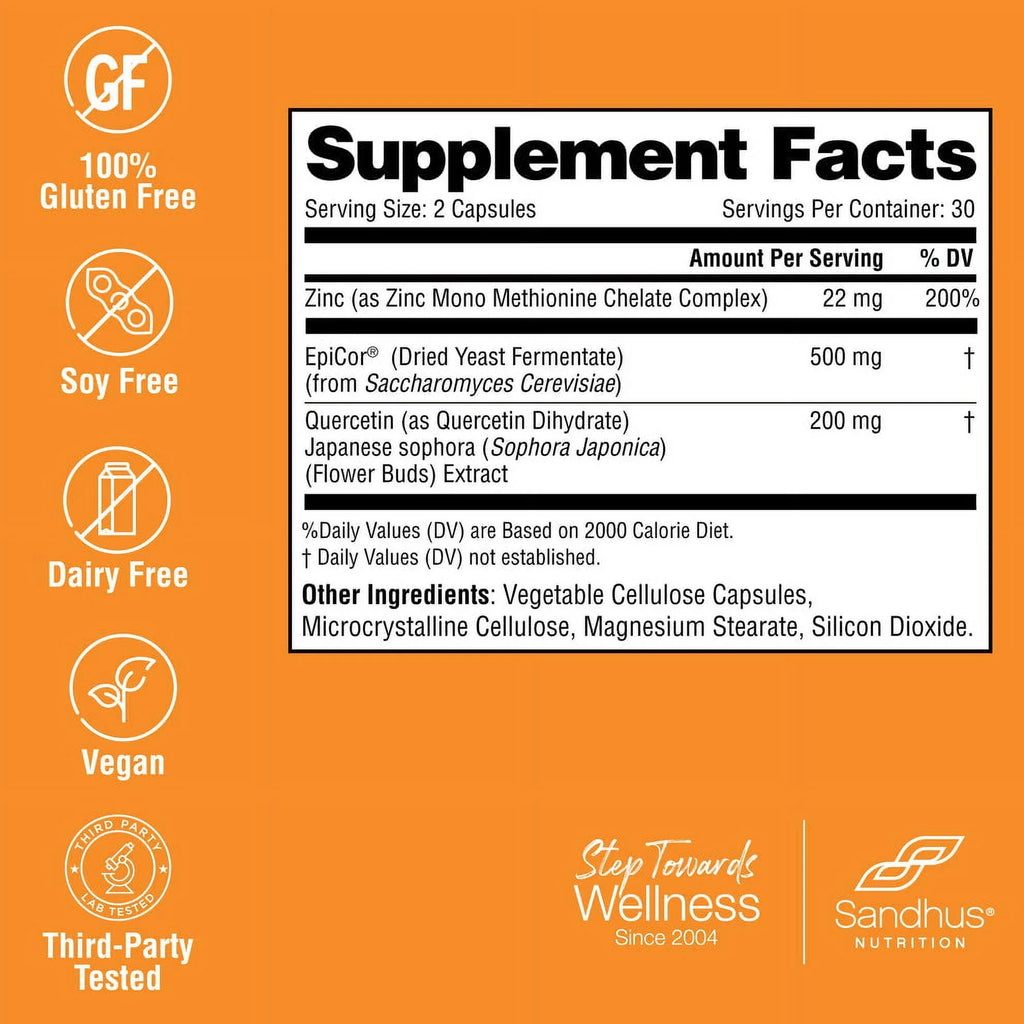 Sandhu’s Zinc with 200mg Quercetin, 500mg EpiCor® (Fermentate) - Year-Round Immune Support, 30 Servs