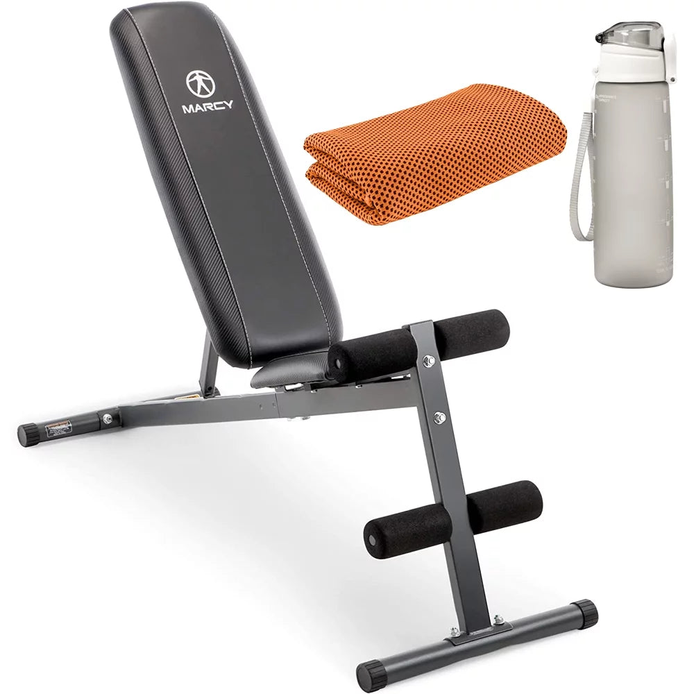 Marcy -261W Utility Bench for Upright, Incline, Decline, and Flat Exercise Bundle with Deco Essentials 27 Ounce Water Bottle and Workout Cooling Sport Towel