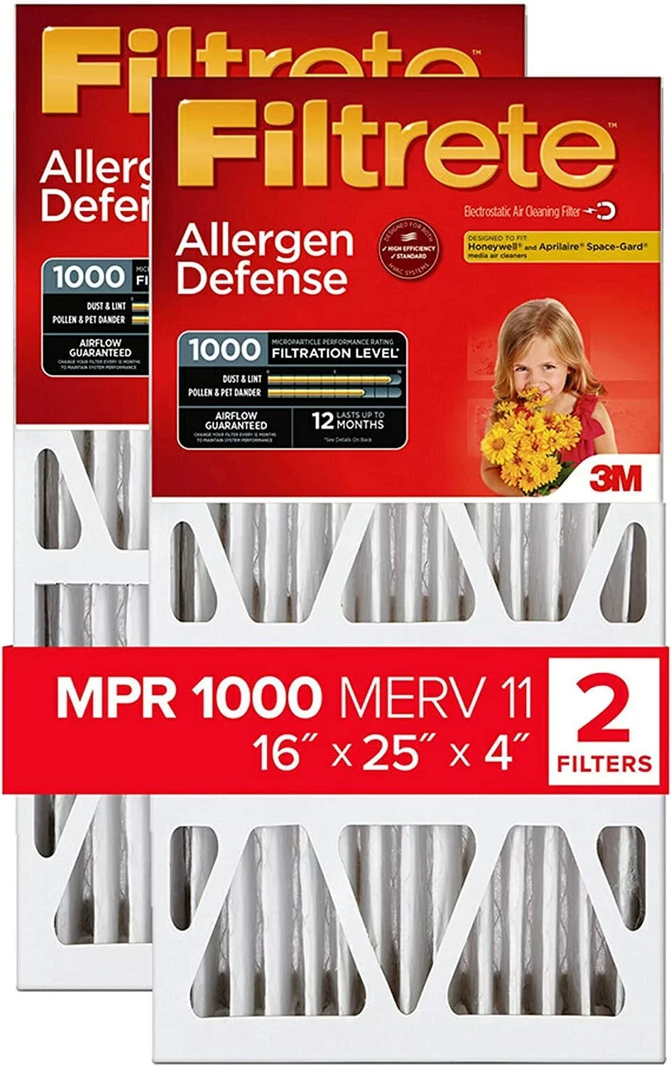 Filtrete 16x25x4,  Furnace Air Filter,  1000 , Micro Allergen Defense Deep Pleat, 2-Pack actual dimensions 15.88 x 24.56 x 4.31