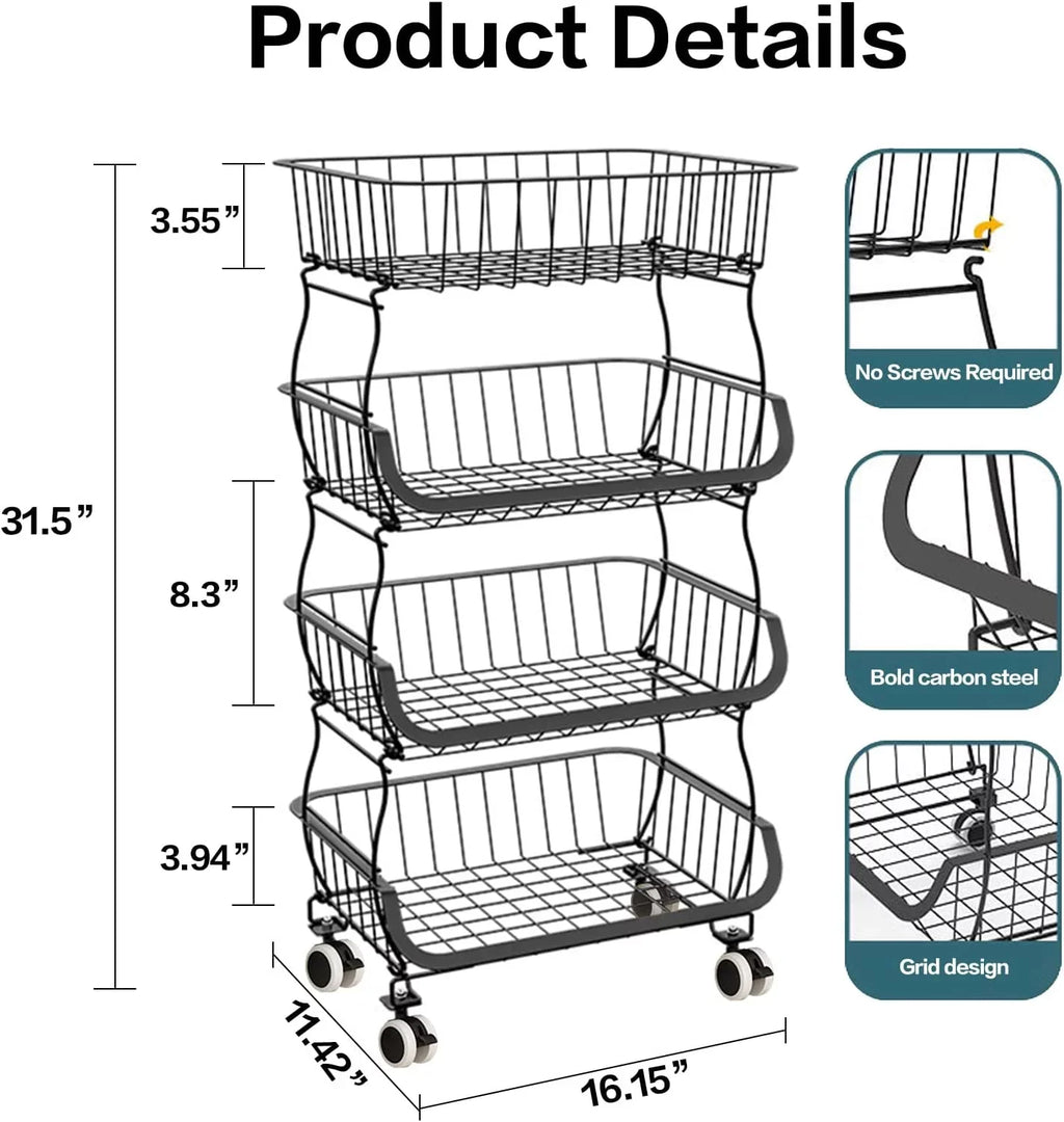 4-Tier Stackable Fruit Basket Vegetable Storage Basket Car for Pantry,Bathroom, Garage Black