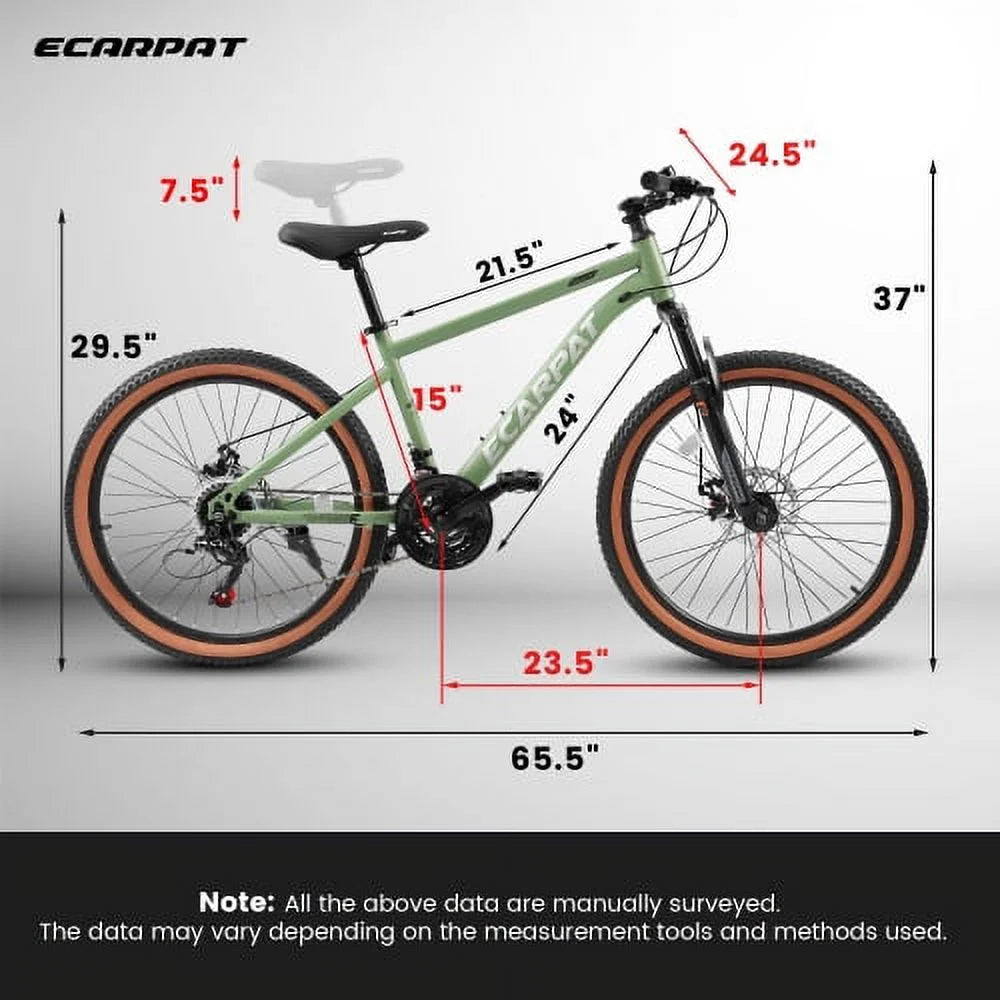 Ecarpat Mountain Bike 24 Inch Wheels, 21-Speed Mens Womens Trail Commuter City Mountain Bike, Carbon steel Frame Disc Brakes Thumb Shifter Front Fork Bicycles
