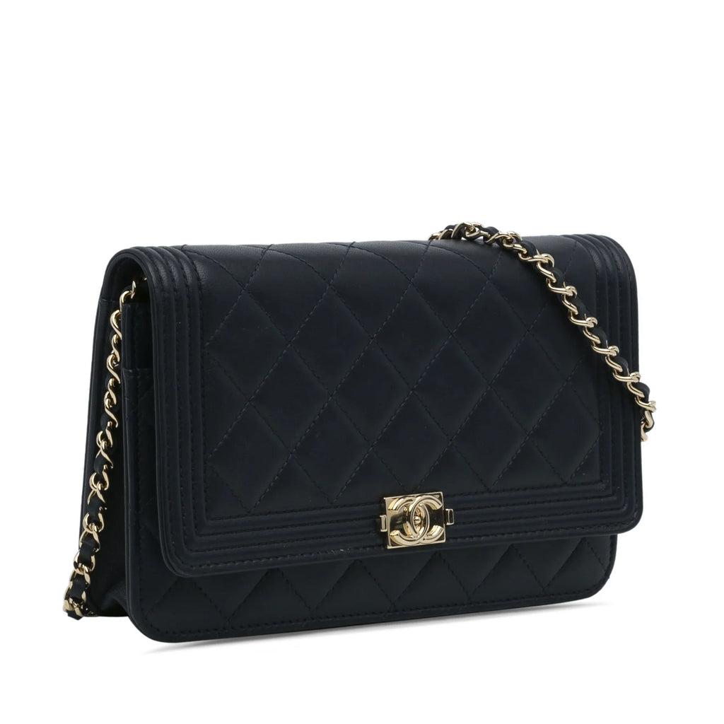 Pre-Owned Authenticated Chanel Boy Wallet On Chain Lambskin Leather Blue Crossbody Bag Unisex (Good)