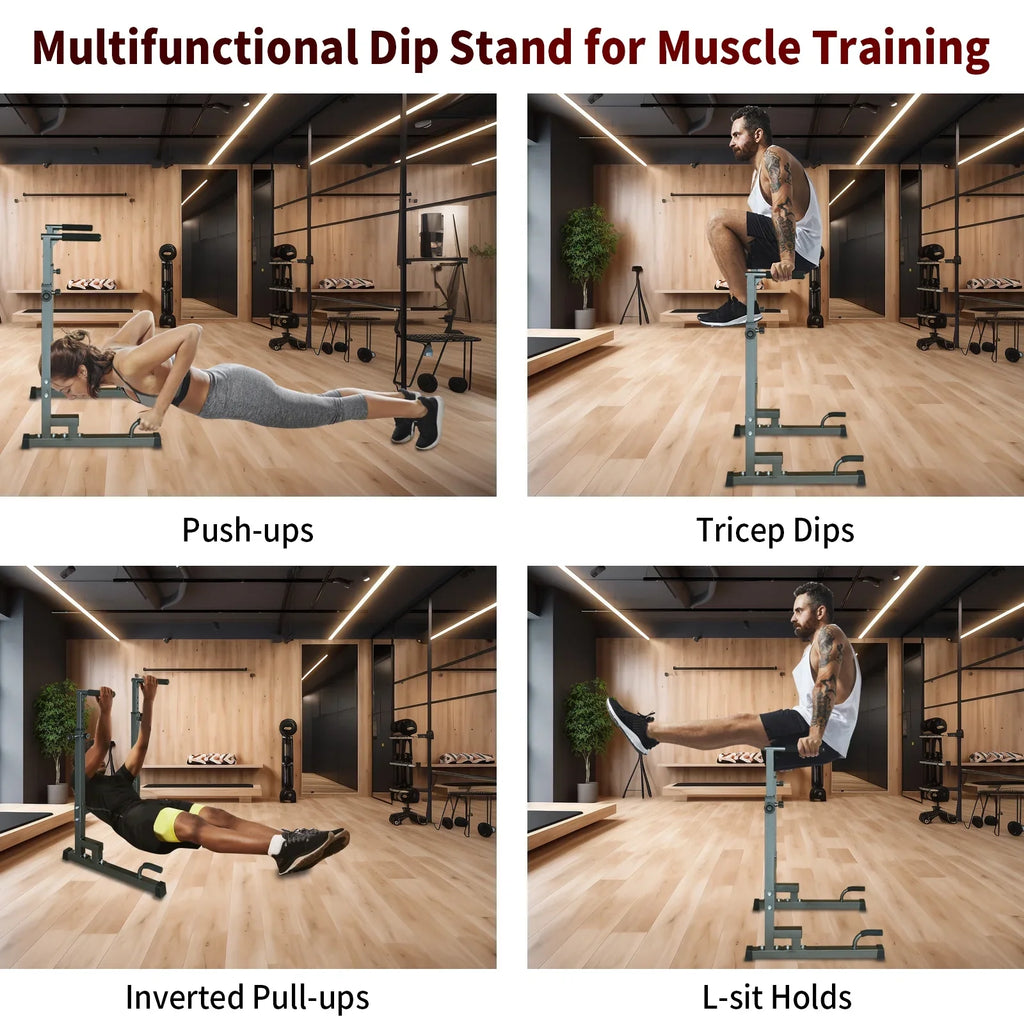 Adjustable Power Tower Dip Stand Station with Bench Pull Up Bar - Heavy Duty Multi-Function Fitness Equipment for Home Gym, Black