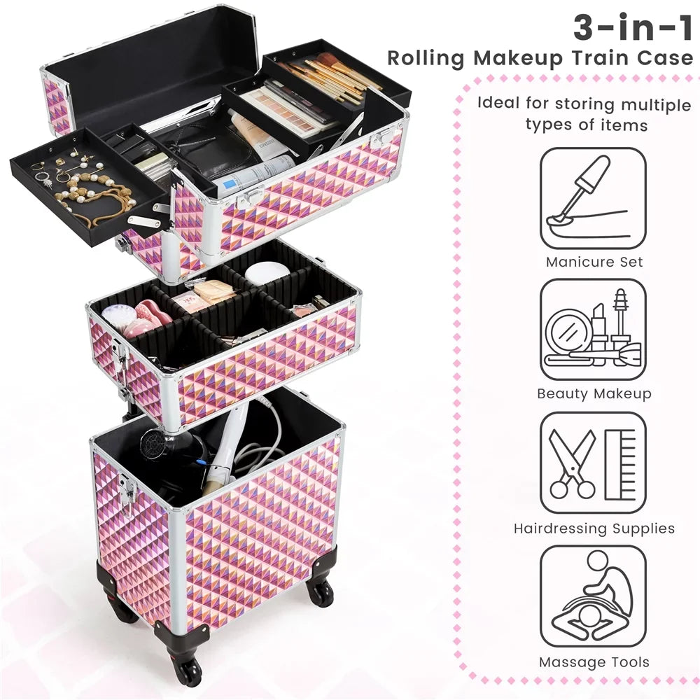 Topeakmart 3-in-1 Rolling Makeup Train Case Cosmetic Trolley with Large Storage, Pink
