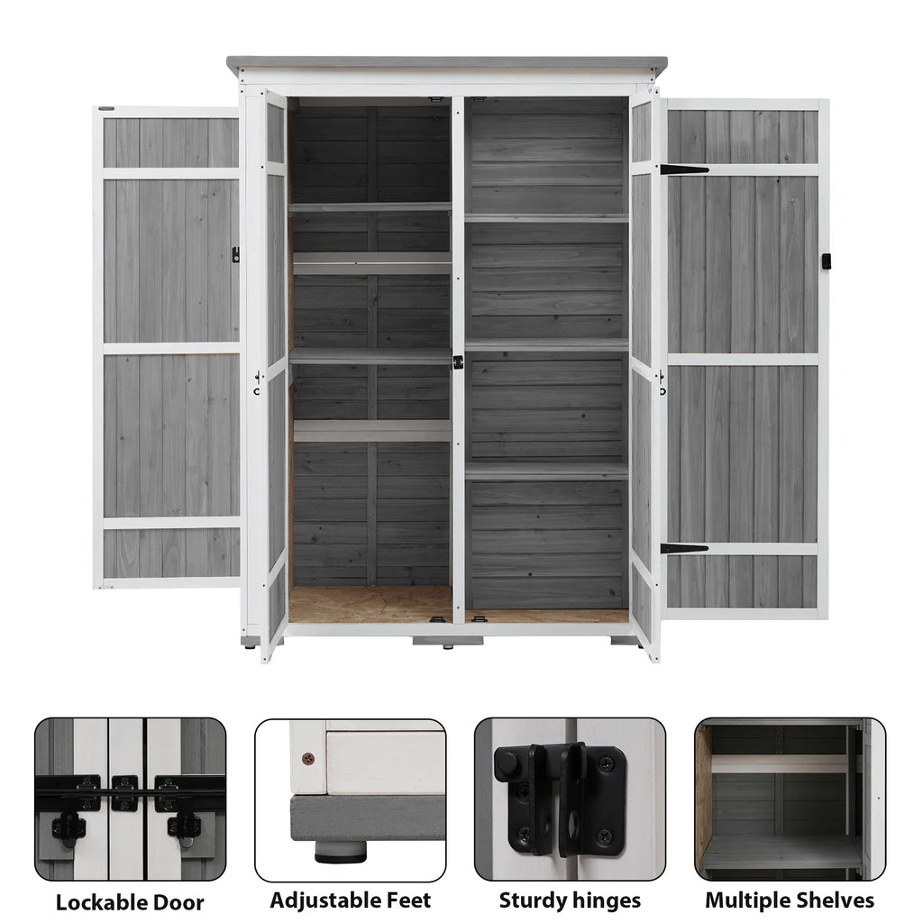 Homiyad Outdoor 5.5ft Hx4.1ft  Wood Storage Shed, Garden Tool Cabinet with Waterproof Asphalt Roof, Four Lockable Doors, Multiple-Tier Shelves, White and Gray
