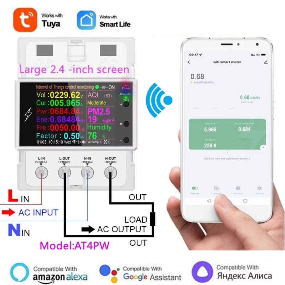 Tuya Wifi/Bluetooth  100A Din Rail Smart Switch Remote Control  220V 110V Digital Energy Kwh Frequency Factor Meter