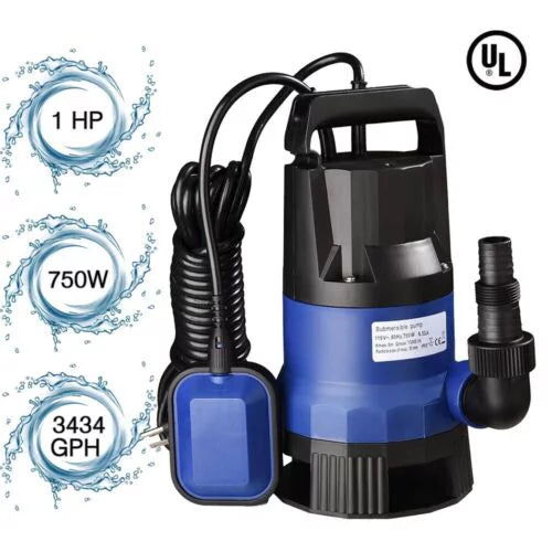1HP 750W Submersible Water Sump Pump For Dirty Clean Swim Pool Pond