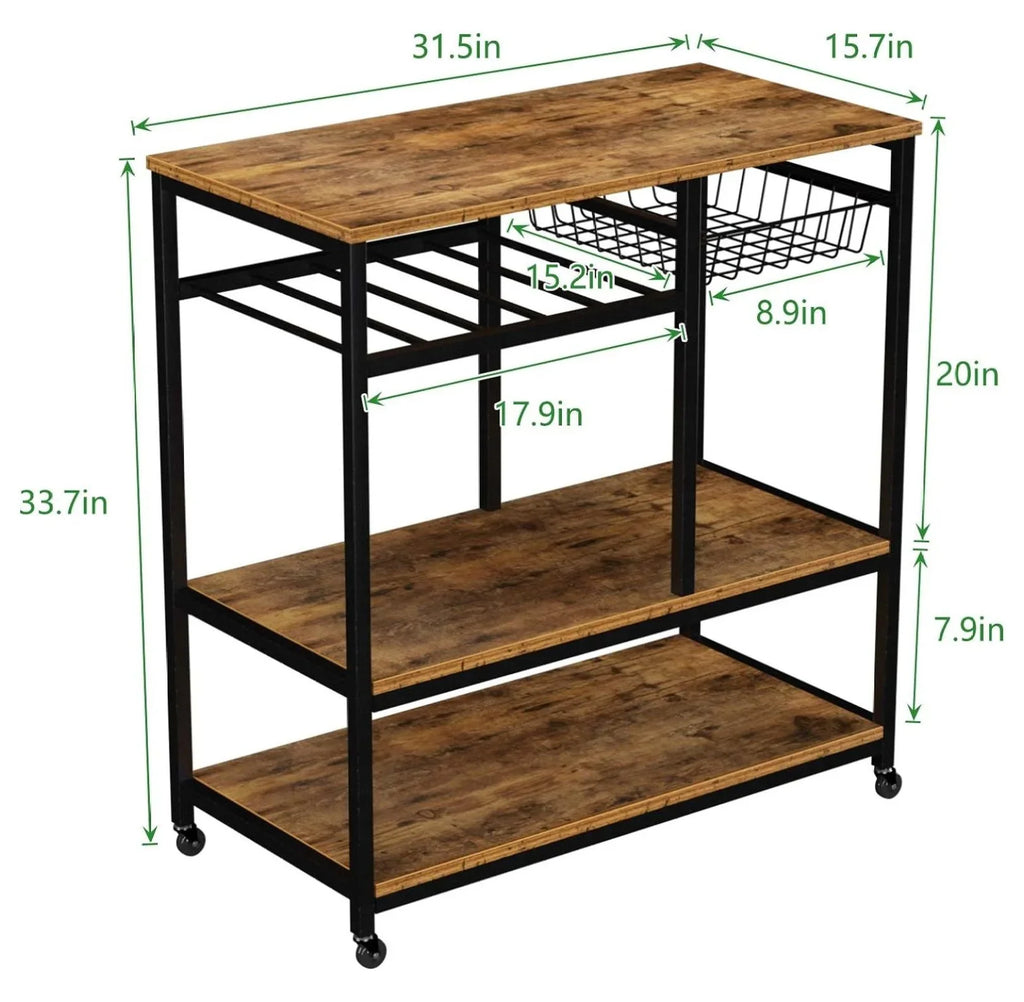 oddfain Microwave Carts for Kitchen with Storage 3 Tier Rolling Bakers Rack Utility Kitchen Serving Cart on Wheels Outdoor Bar Cart Coffee Station, Dark Brown