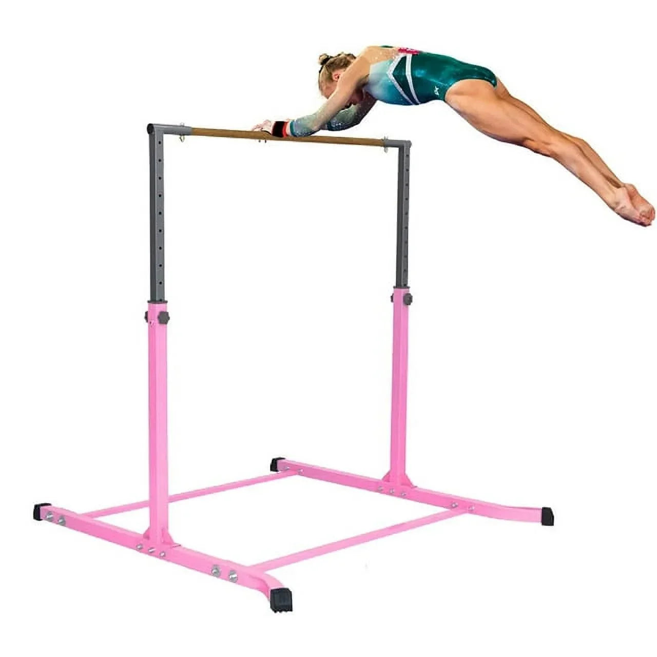 5 Star- Pink Gymnastic Kip Bar - Adjustable 3-5FT Junior Training Equipment, Heavy Duty Horizontal Bar with Curved Legs for Kids Home Gym, Strong and Durable