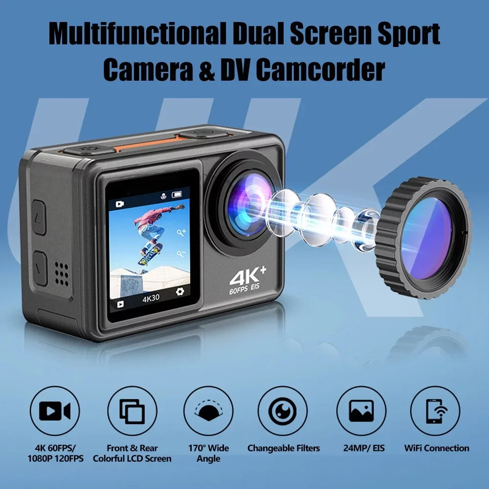 4K 24MP Dual Screen Sport Camera  Camcorder 2.0 Inch Screen 170° Wide Angle  40m Waterproof WiFi with Macro   8 16 Purple Lens for Outdoor Sports