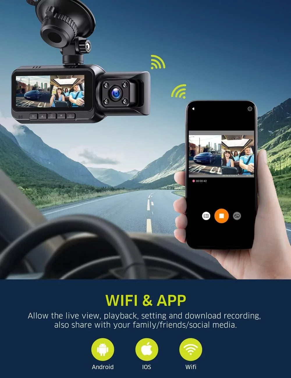 Dash Cam Front Rear, 4K Full  Dash Camera for Cars, Free 64GB Card, Built-in Wi-Fi , 3.16”  Screen, Night Vision, 170°Wide Angle, , 24H Parking Mode