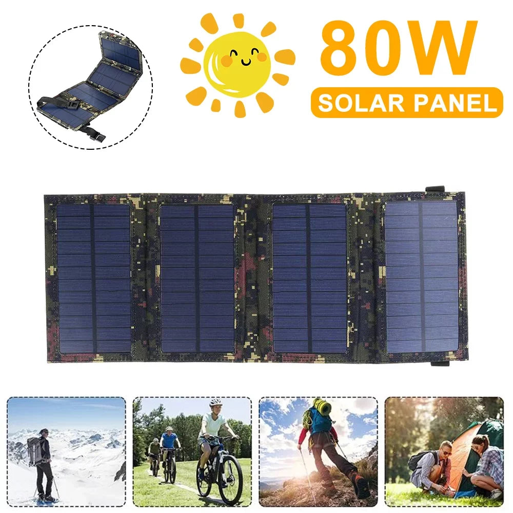Outdoor 80W  Solar Panel Folding Power Bank Camping Hiking Phone Charger
