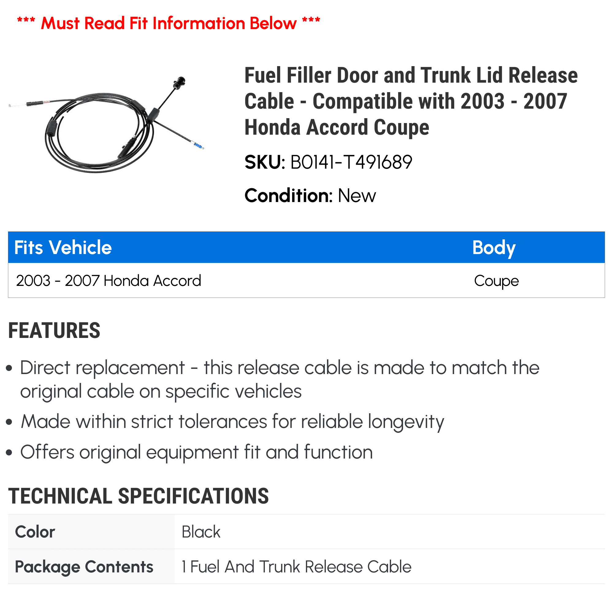 Fuel Filler Door and Trunk Lid Release Cable - Compatible with 2003 - 2007 Honda Accord Coupe 2004 2005 2006