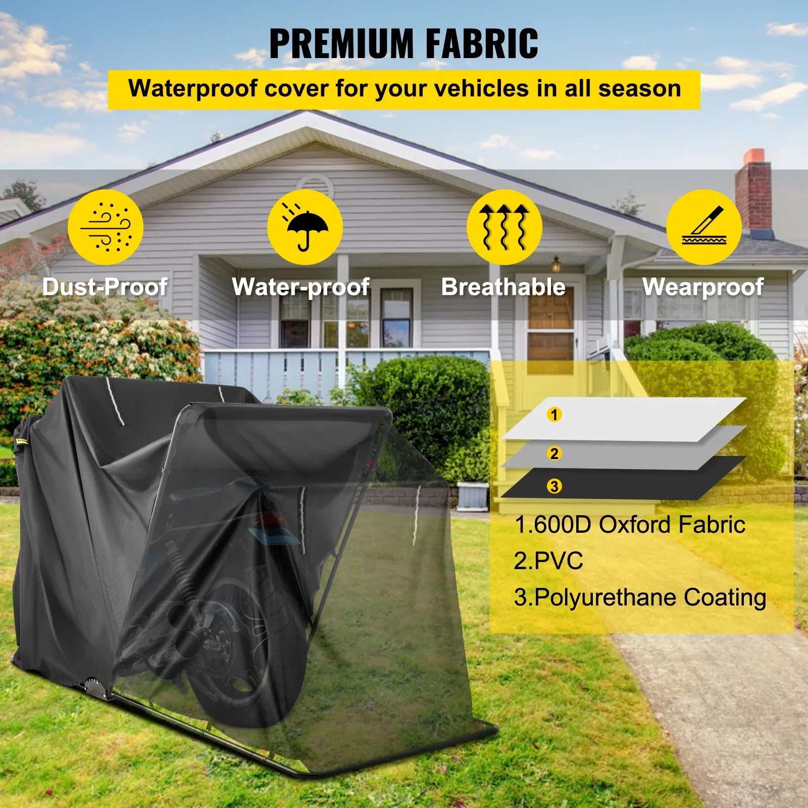 Heavy Duty Motorcycle Cover Storage Sheds Garage All Season Outdoor Protection,600D Oxford Durable and Tear Proof Waterproof with Lock-Holes & Storage Bag,Fits up to 106"