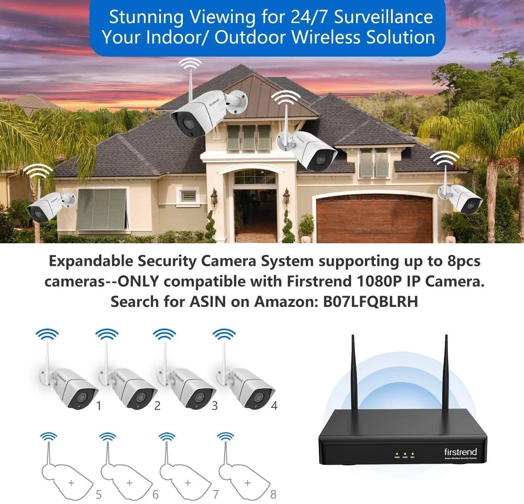 Security Camera System Wireless,Firstrend 1080P 8CH Wireless Home Security Systems with 4pcs 3MP Full  Cameras 1TB  Night Vision Motion Detection Free App for Indoor Outdoor Video Surveillance