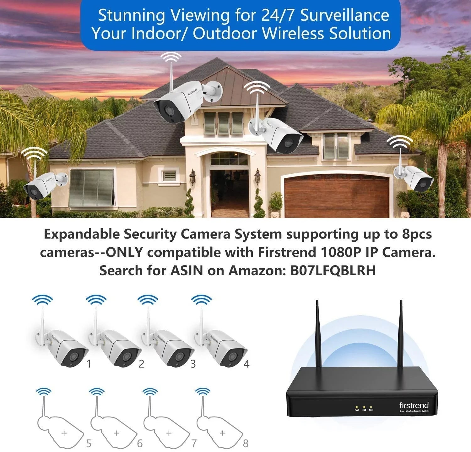 Security Camera System Wireless,Firstrend 1080P 8CH Wireless Home Security Systems with 4pcs 3MP Full  Cameras 1TB  Night Vision Motion Detection Free App for Indoor Outdoor Video Surveillance