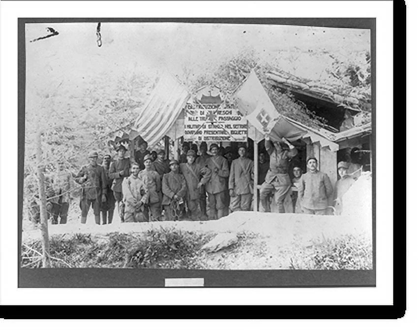 Historic Framed Print, [Group of men posed at American Red Cross station on the Grappa, Italian Front], 17-7/8" x 21-7/8"