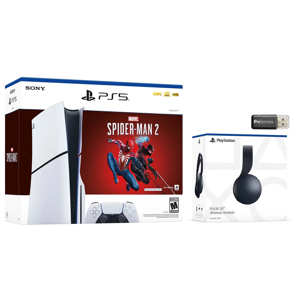 Sony PlayStation 5 Disc Slim Marvel’s Spider-Man 2 Bundle with Black Pulse 3D Wireless Gaming Headset and  MicroSD Card Reader