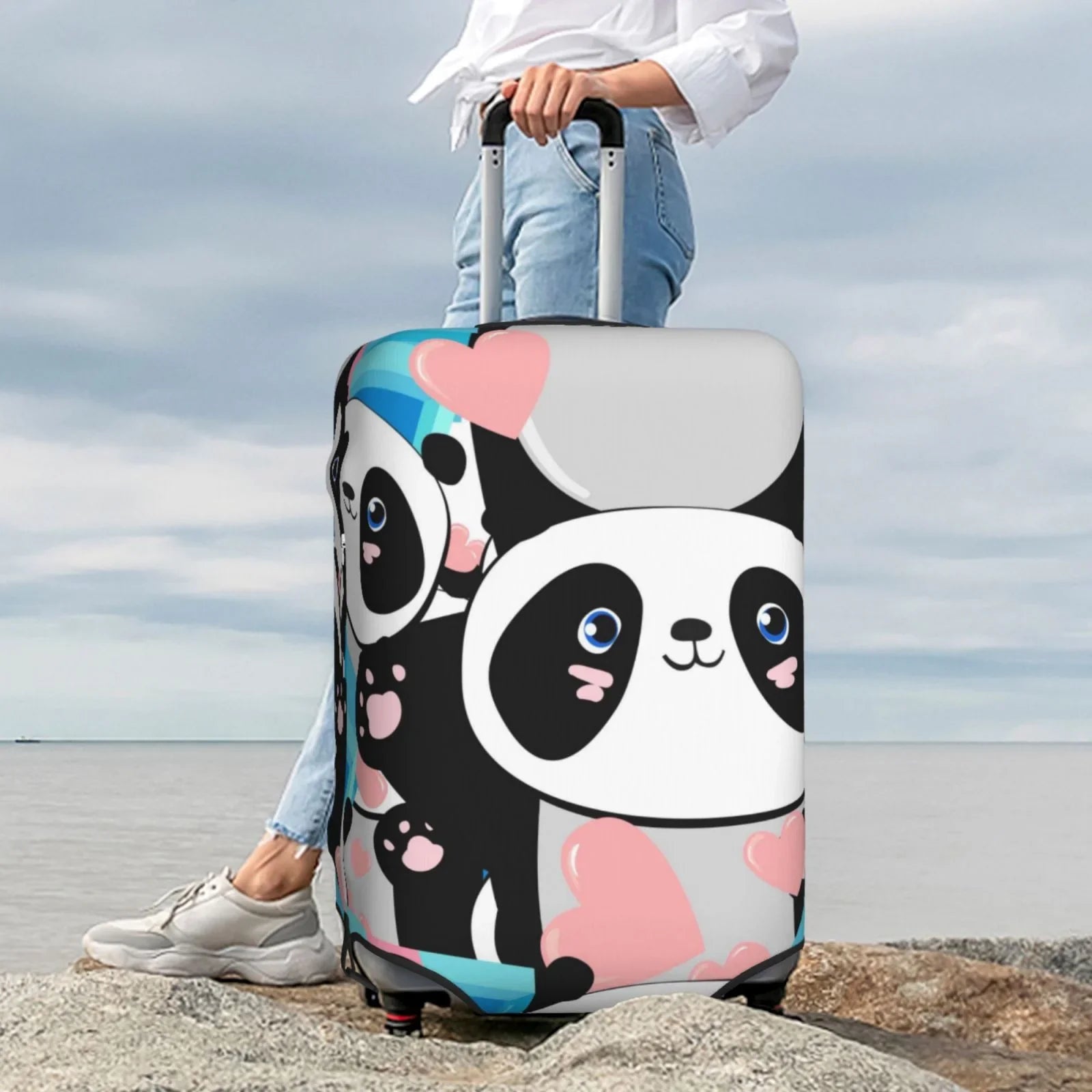 Haiem Panda Cute Pink Hearts Luggage Cover,Durable, Washable Suitcase Protector With Anti-Scratch Technology - Keep Your Luggage Looking New Medium