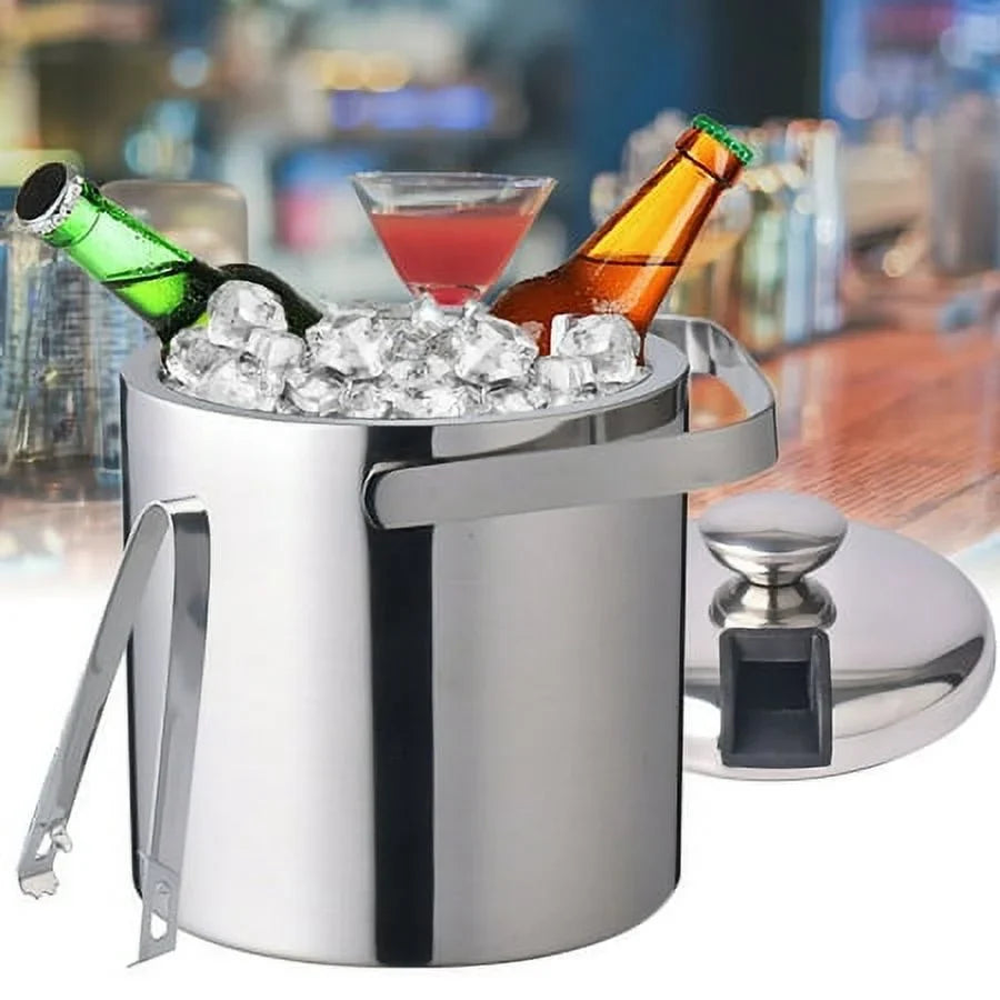 Double-Wall Stainless-Steel Insulated Ice Bucket With Lid & Ice Tong 1300