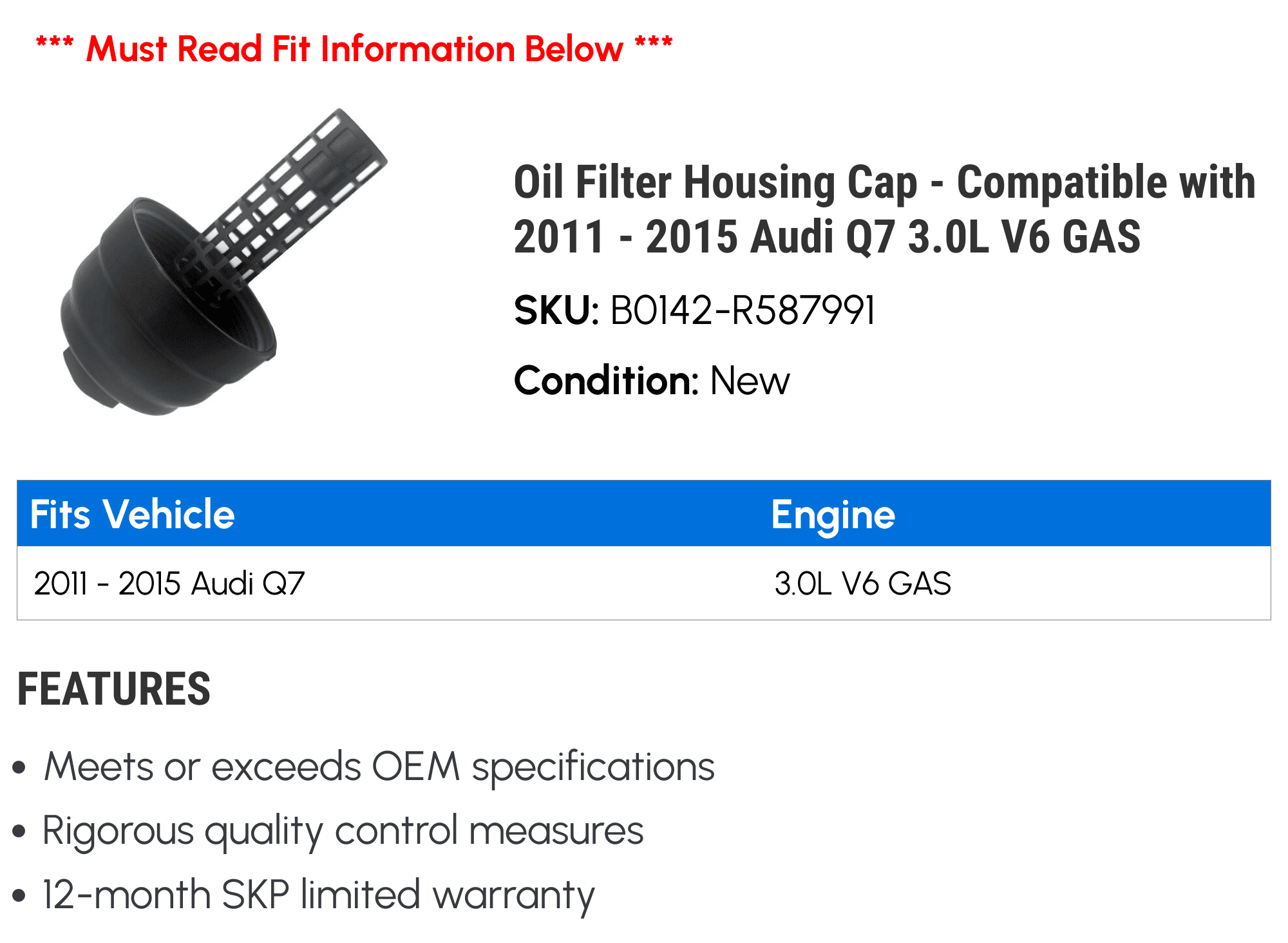 Filter Housing Cap - Compatible with 2011 - 2015 Audi  3.0L   2012 2013 2014