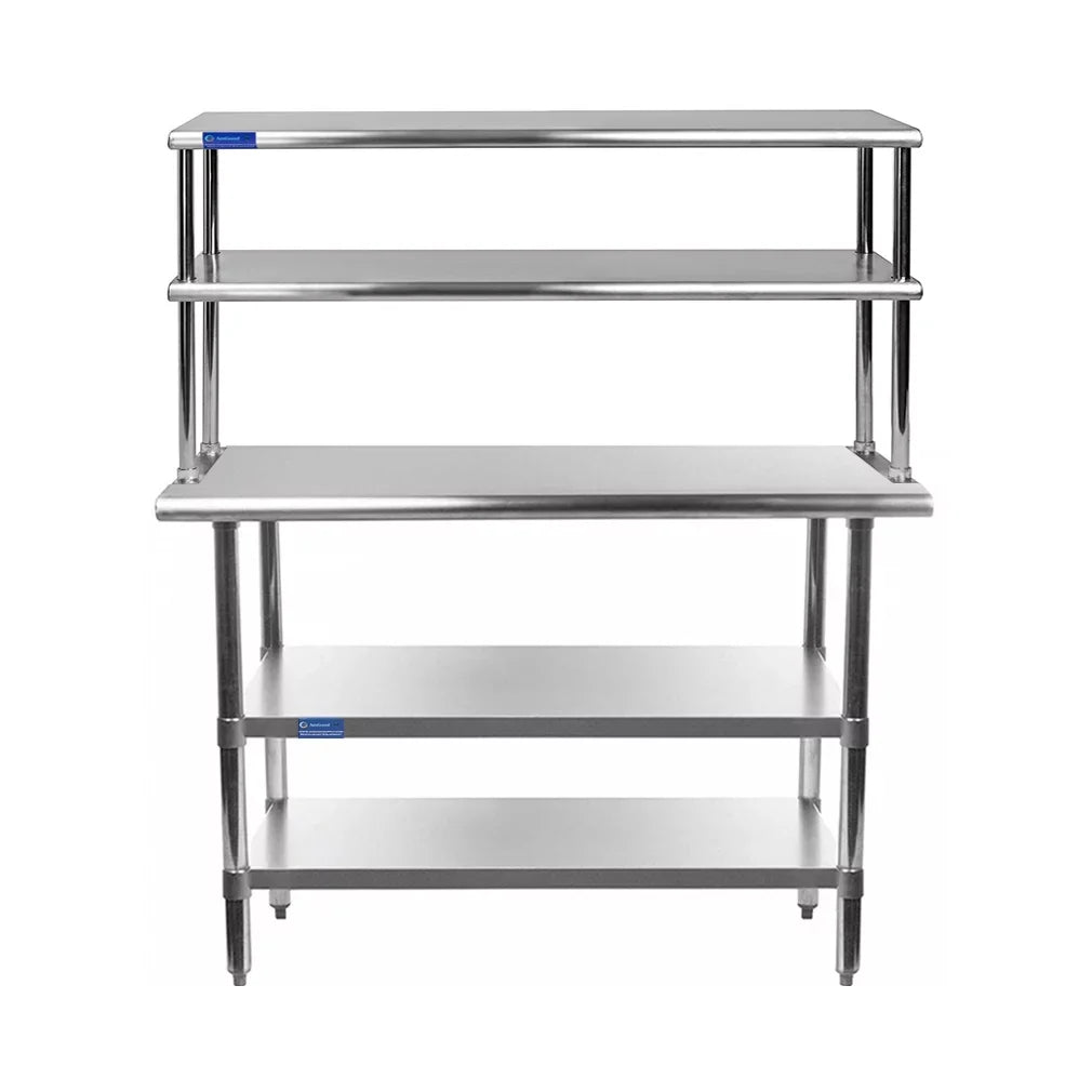 18" x 72" Stainless Steel Work Table With Two Shelves | 12" Wide Double Tier Overshelf | Metal Kitchen Prep Table & Shelving Combo