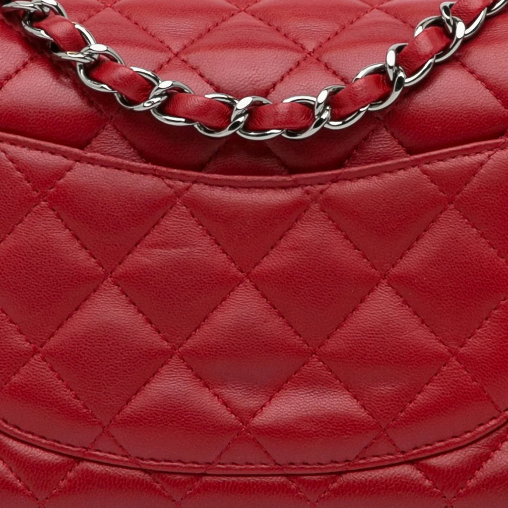 Pre-Owned Authenticated Chanel Mini Classic Lambskin Square Single Flap Leather Red Crossbody Bag Unisex (Good)