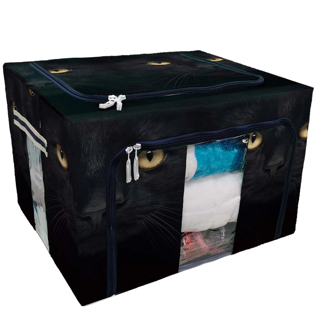 Black Cat looking at the camera Storage Bag Clear Window Storage Bins Boxes Large Capacity Foldable Stackable Organizer With Steel Metal Frame For Bedding,Clothes,Closets, Bedrooms
