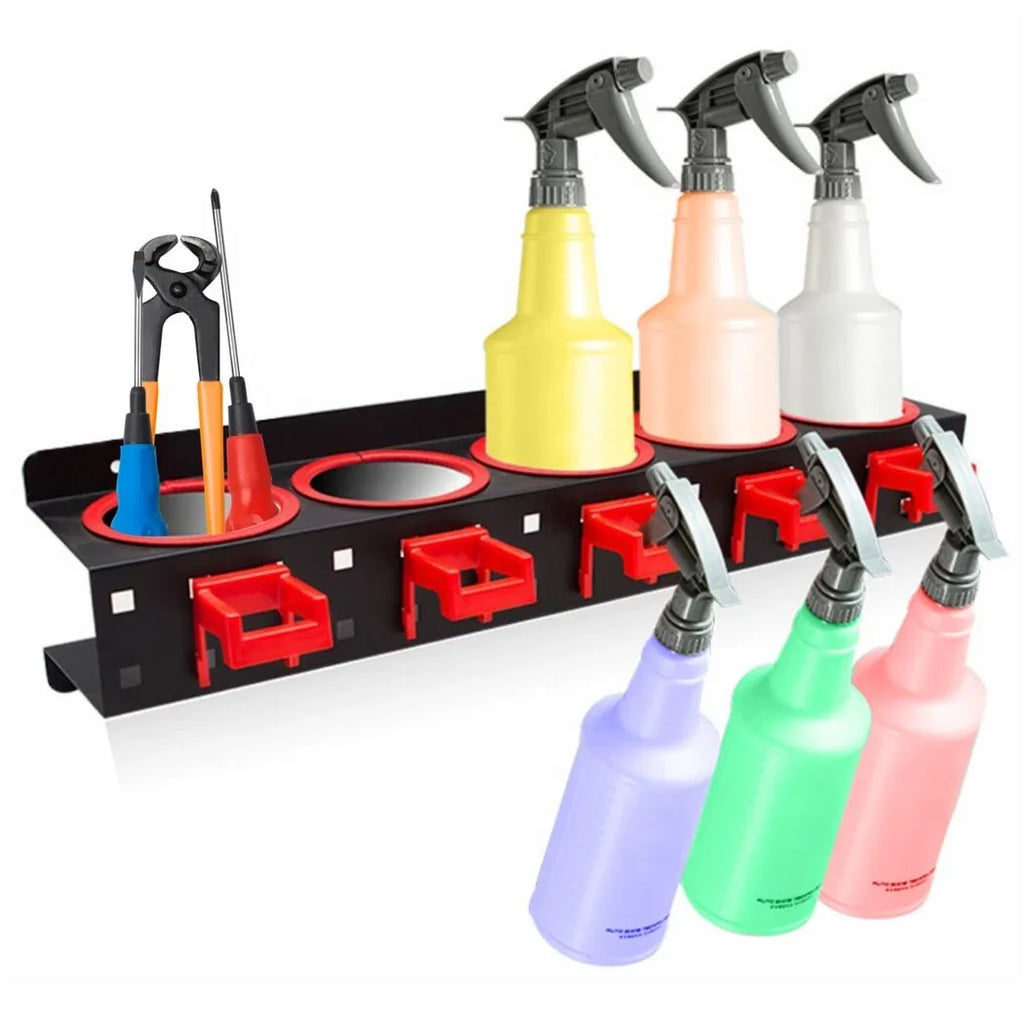 2Pcs Spray Bottle Storage Racks, Squeeze Bottle Holders, Wall Mount Organizers with 5 Holes & 5 Hooks, Auto Cleaning Detailing Tools Hangers, Car Beauty Shop Accessories