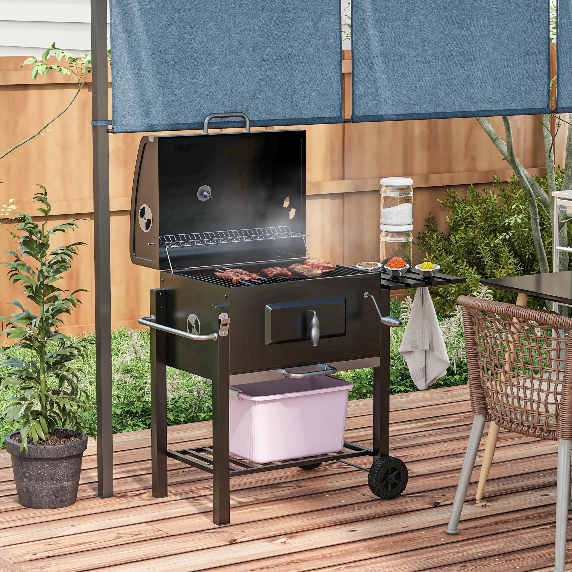 Homiyad Charcoal  Grill, Outdoor Portable Cooker for Camping Or Backyard Picnic with Side Table, Bottom Storage Shelf, Wheels and Handle, Black