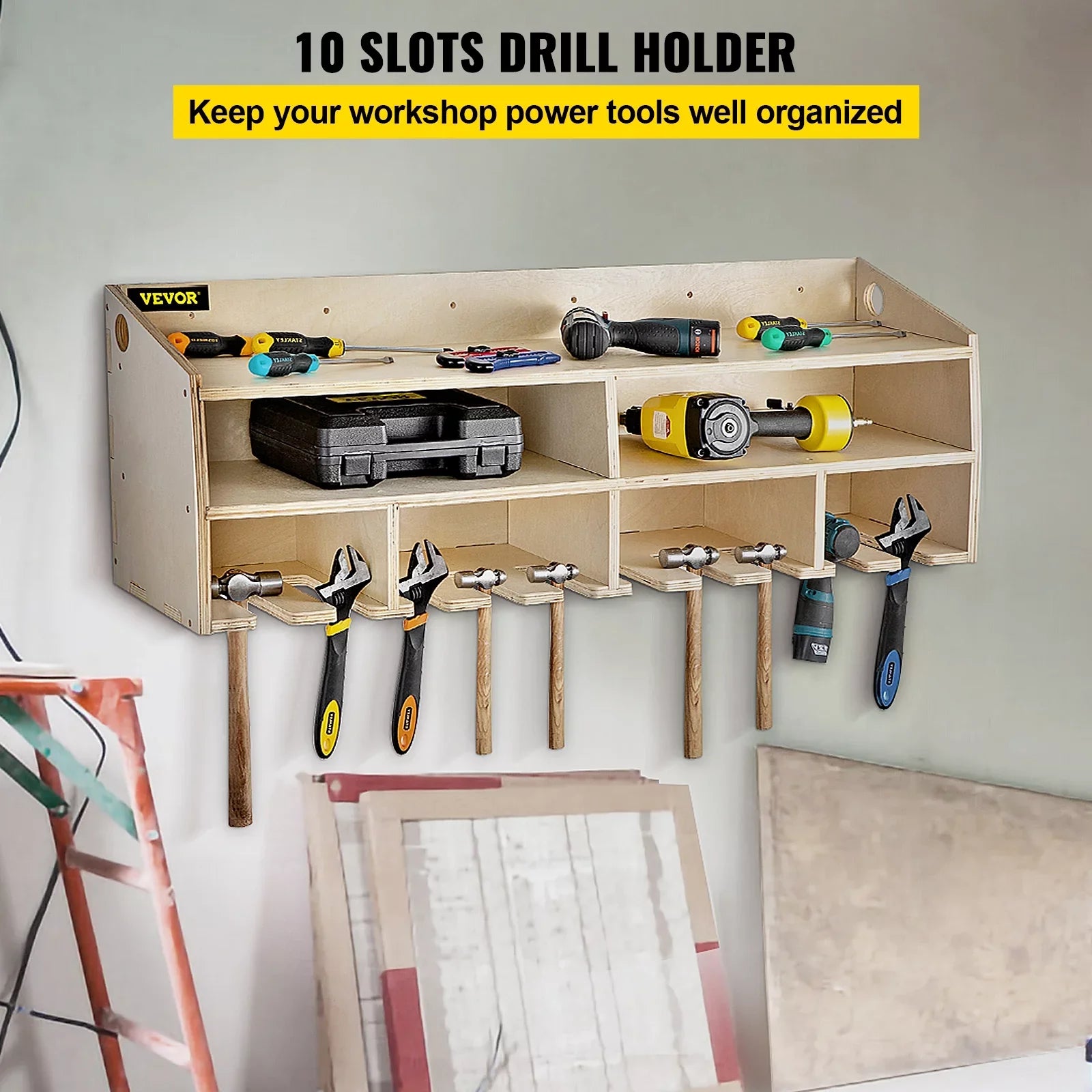 Power Tool Organizer Drill Wall Tool Holder 10 Slots 2-shelf Wall Mounted