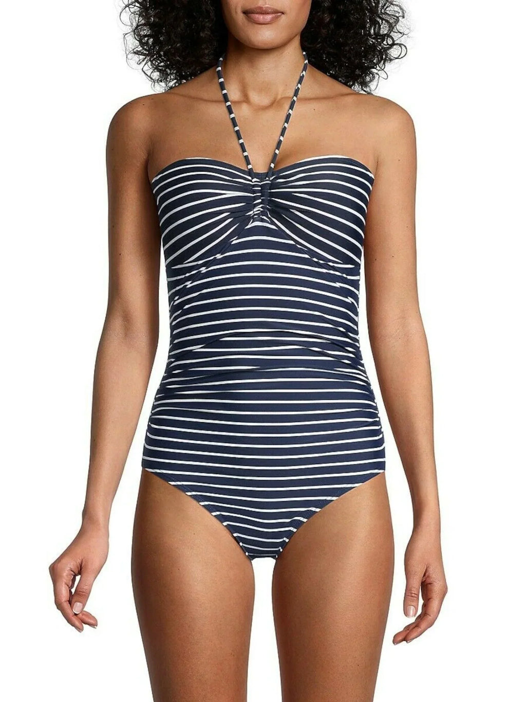 Women's Navy Striped Stretch Tie Bandeau Neck Lined Moderate Coverage Molded Cup One Piece Swimsuit 4