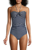 Women's Navy Striped Stretch Tie Bandeau Neck Lined Moderate Coverage Molded Cup One Piece Swimsuit 4