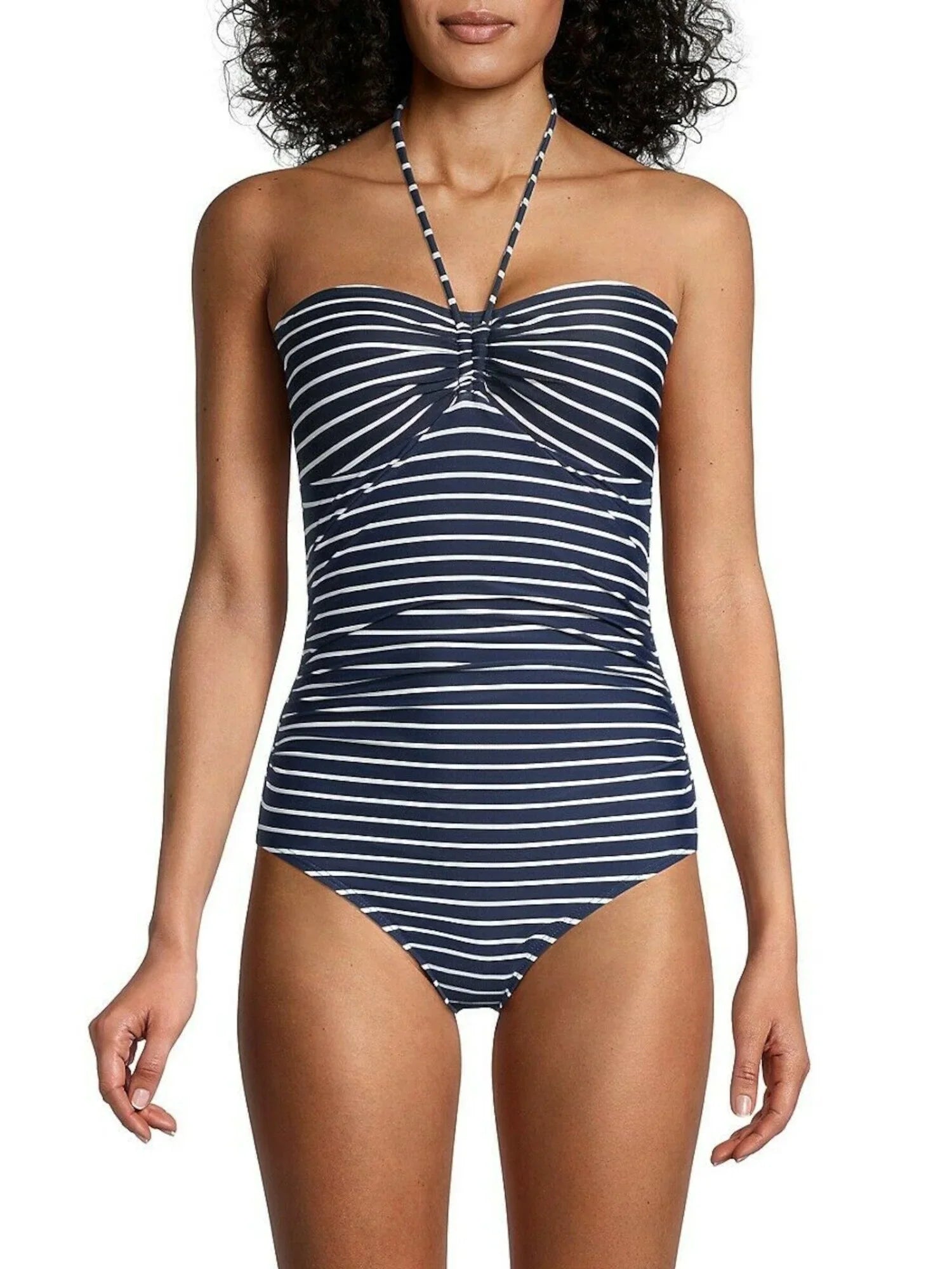 Women's Navy Striped Stretch Tie Bandeau Neck Lined Moderate Coverage Molded Cup One Piece Swimsuit 4