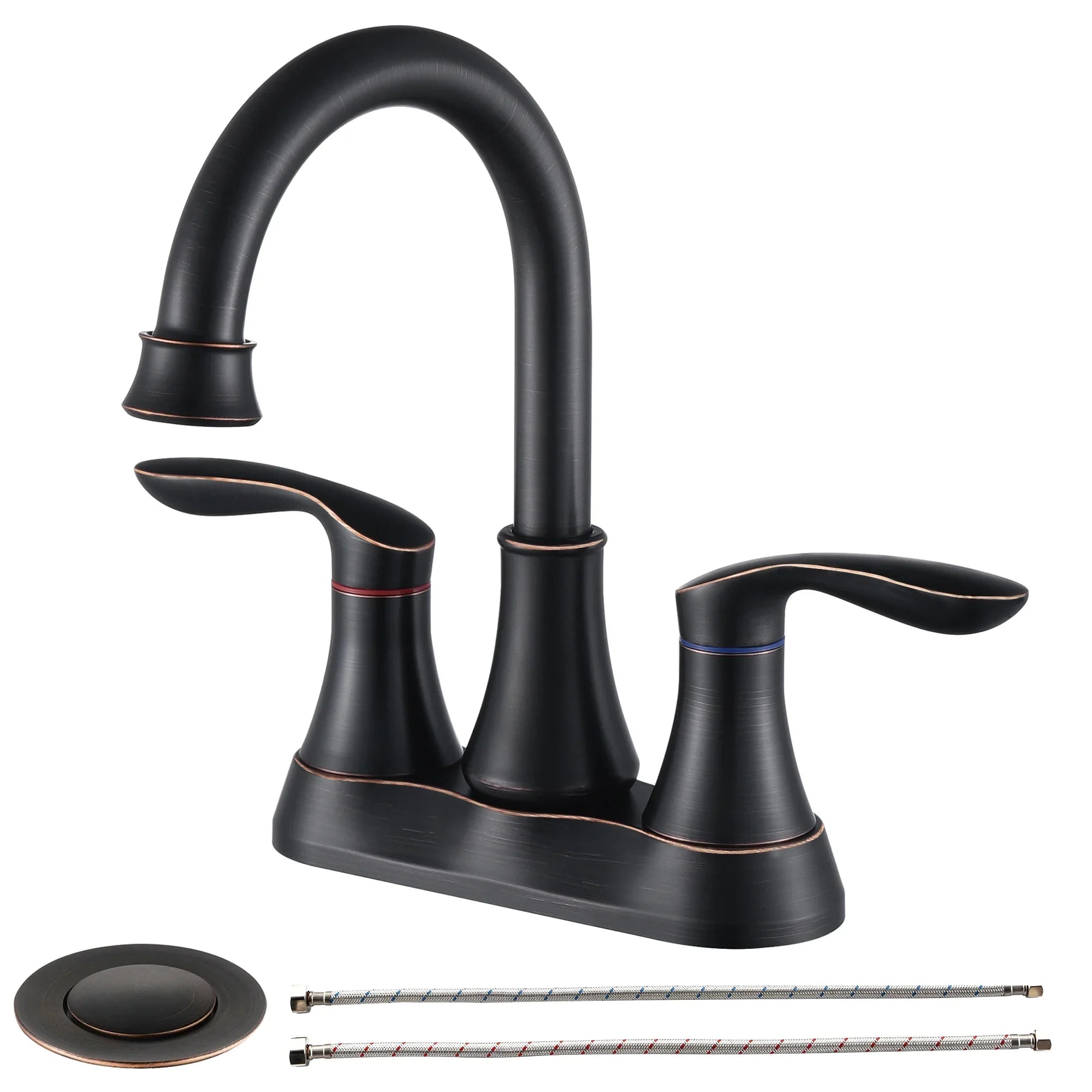 Kichae 4 Inch Vanity Sink Faucet，2-Handle 360 Degree Swivel Bathroom Spout Centerset Faucet with Pop-up Drain & Supply Hoses，Oil Rubbed Bronze