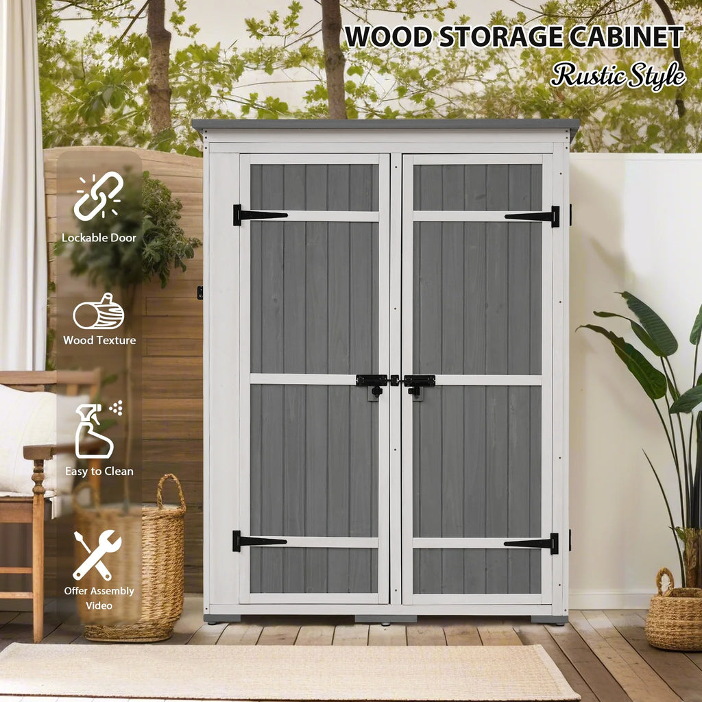 Homiyad Outdoor 5.5ft Hx4.1ft  Wood Storage Shed, Garden Tool Cabinet with Waterproof Asphalt Roof, Four Lockable Doors, Multiple-Tier Shelves, White and Gray