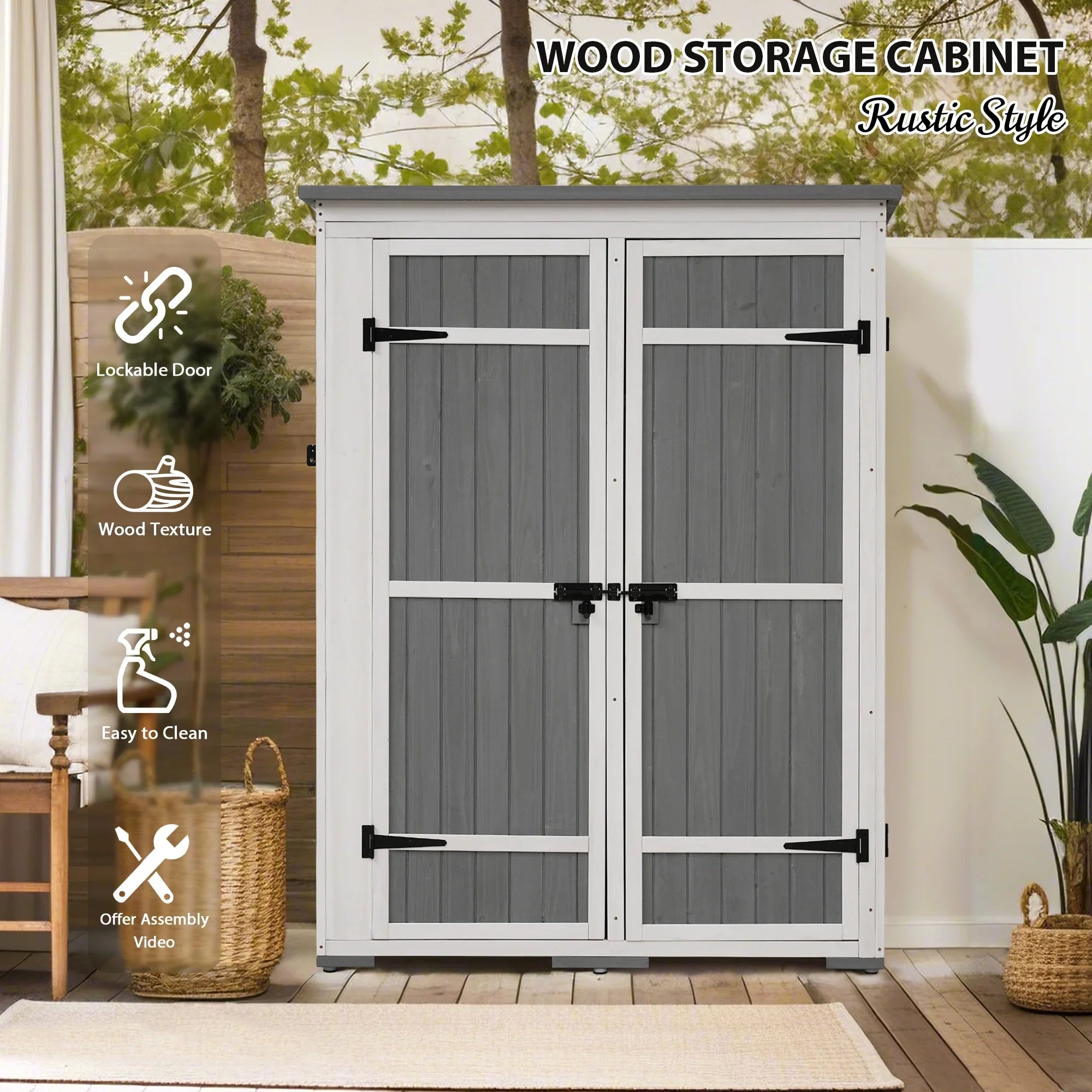 Homiyad Outdoor 5.5ft Hx4.1ft  Wood Storage Shed, Garden Tool Cabinet with Waterproof Asphalt Roof, Four Lockable Doors, Multiple-Tier Shelves, White and Gray