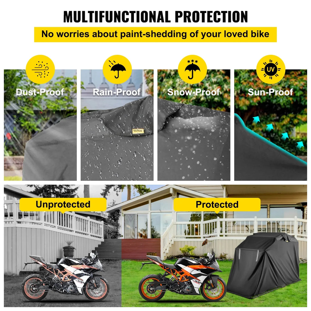 Heavy Duty Motorcycle Cover Storage Sheds Garage All Season Outdoor Protection,600D Oxford Durable and Tear Proof Waterproof with Lock-Holes & Storage Bag,Fits up to 106"