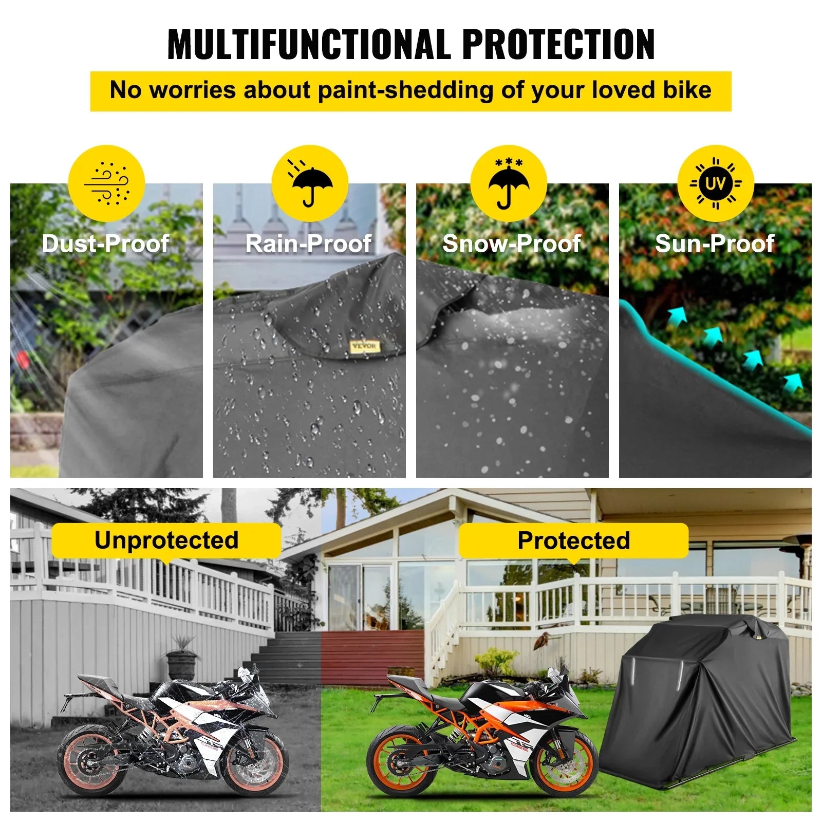 Heavy Duty Motorcycle Cover Storage Sheds Garage All Season Outdoor Protection,600D Oxford Durable and Tear Proof Waterproof with Lock-Holes & Storage Bag,Fits up to 106"