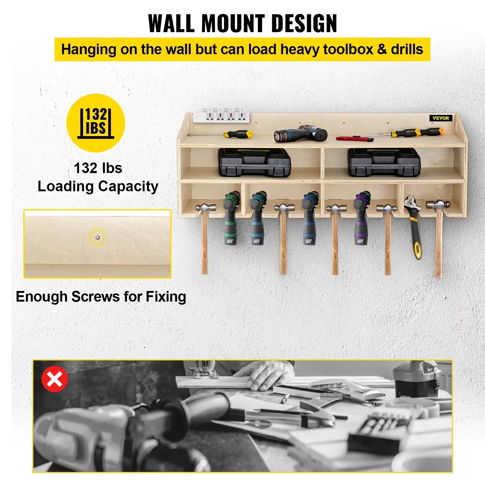 Power Tool Organizer Drill Wall Tool Holder 10 Slots 2-shelf Wall Mounted