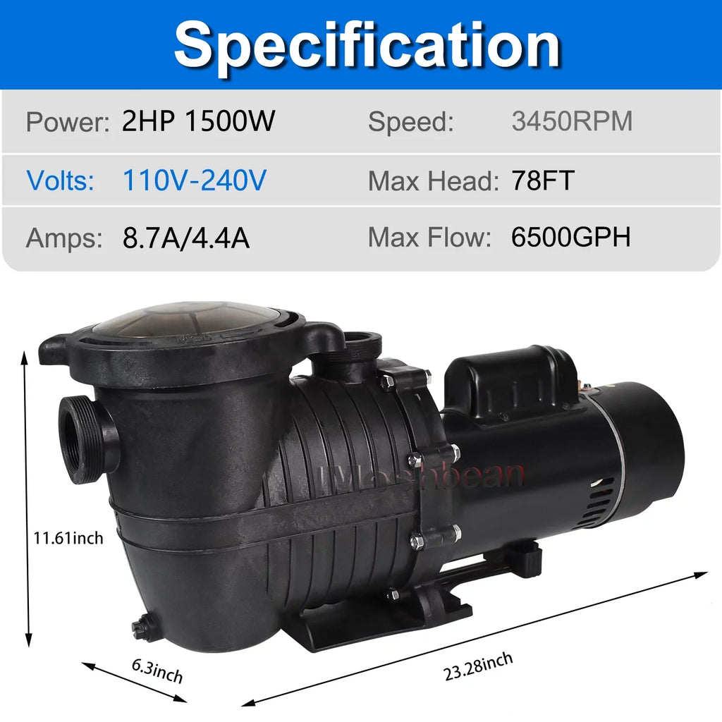 iMeshbean Swimming Pool Pump Above Ground, 2HP Motor, 110V-230V, Single Speed Pump For Above Ground Swimming Pool and Inground Pools, 6500GPH, Head Max 78FT, w/ Strainer Basket &  Connector