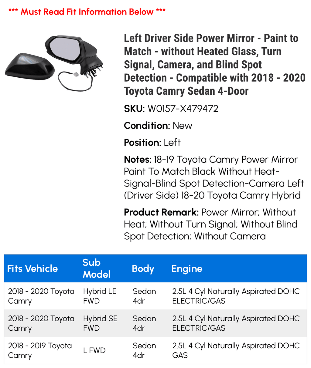 Left Driver Side Power Mirror - Paint to Match - without Heated Glass, Turn Signal, Camera, and Blind Spot Detection - Compatible with 2018 - 2020 Toyota Camry Sedan 4-Door 2019