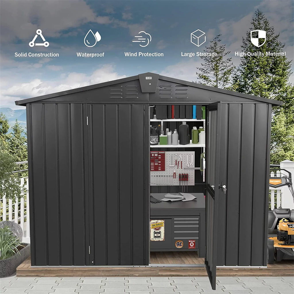 Capri 8.2'x 6.2' Outdoor Storage Shed, Metal Garden Shed for Bike, Trash Can, Galvanized Steel Outdoor Storage Cabinet with Lockable Door for Backyard, Patio, Lawn, Black