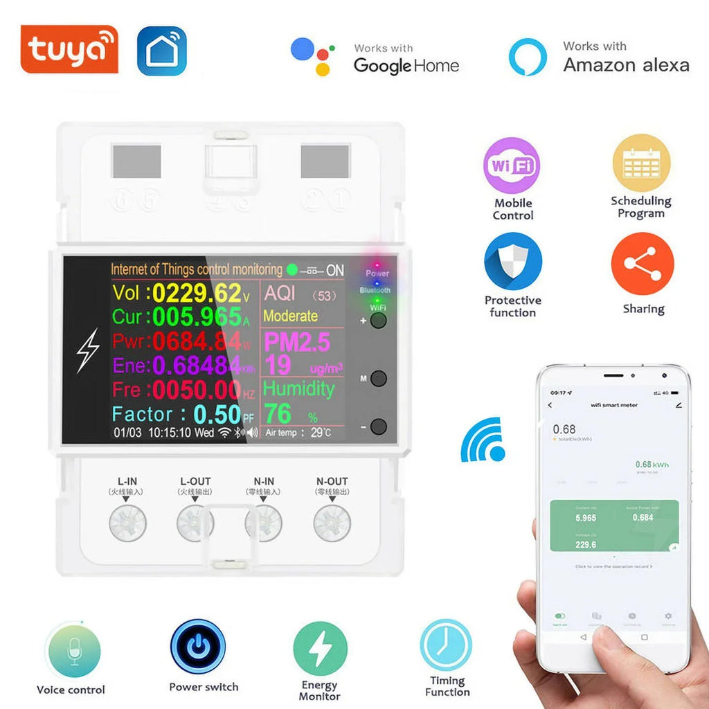 Tuya Wifi/Bluetooth  100A Din Rail Smart Switch Remote Control  220V 110V Digital Energy Kwh Frequency Factor Meter