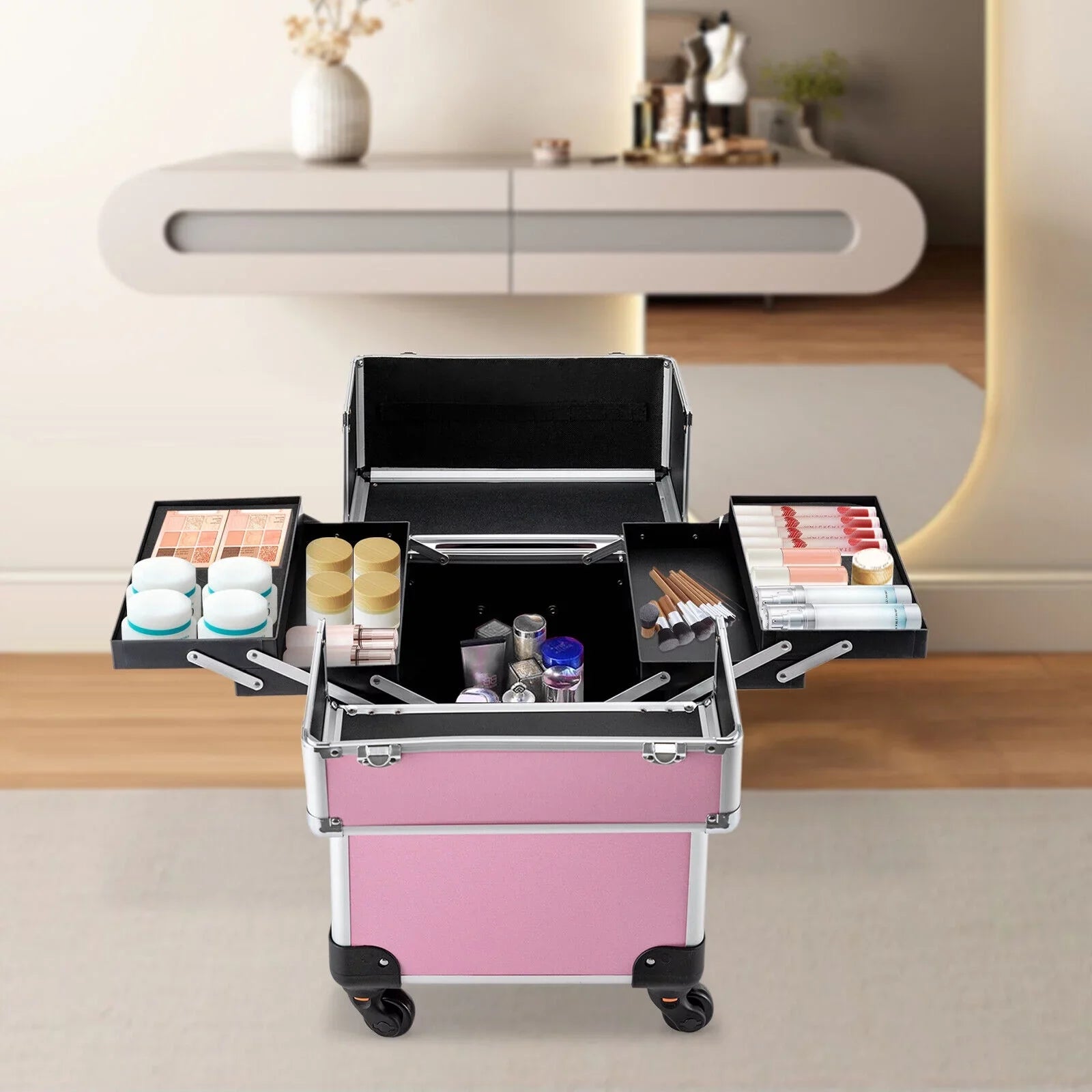 Miumaeov Rolling Makeup Train Case Cosmetic Trolley Cosmetic Case Professional Large Storage Organizer Salon Barber Case Travel Adjustable Dividers for Beauty Personal Care