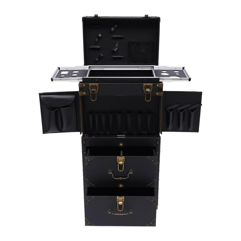Aiqidi Rolling Lockable Makeup Train Case Hairdressing Trolley Barber Stylist Beauty Salon Cosmetic Luggage Travel Organizer Tool Box with Hair Dryer Holder