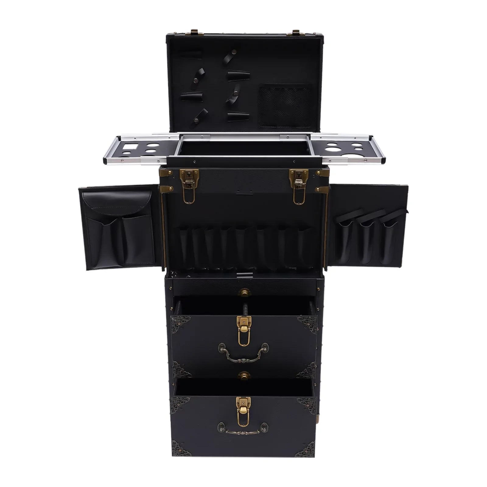 Aiqidi Rolling Lockable Makeup Train Case Hairdressing Trolley Barber Stylist Beauty Salon Cosmetic Luggage Travel Organizer Tool Box with Hair Dryer Holder