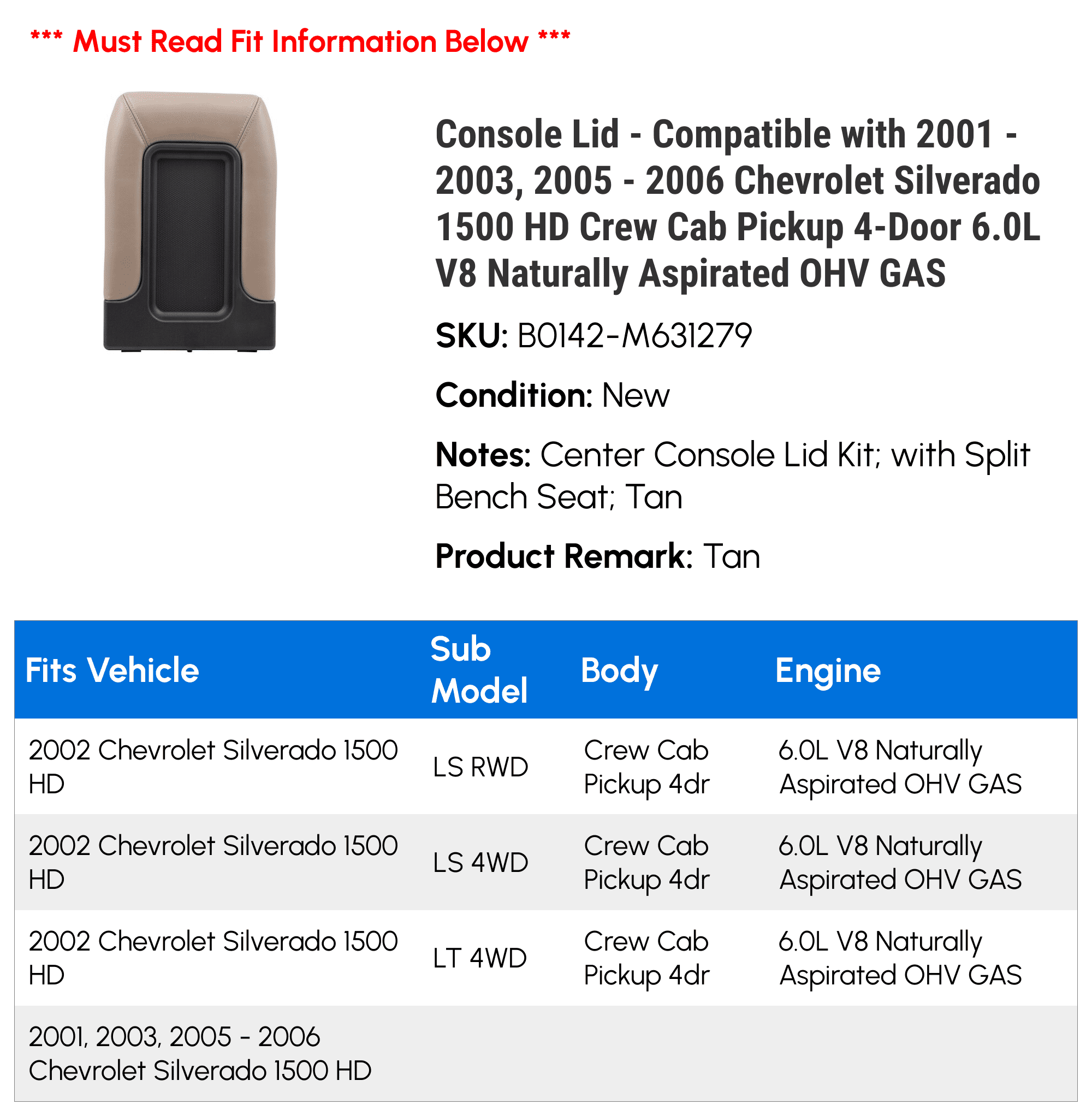 Console Lid - Compatible with 2001 - 2003, 2005 - 2006 Chevy Silverado 1500  Crew Cab Pickup 4-Door 6.0L  Naturally Aspirated   2002