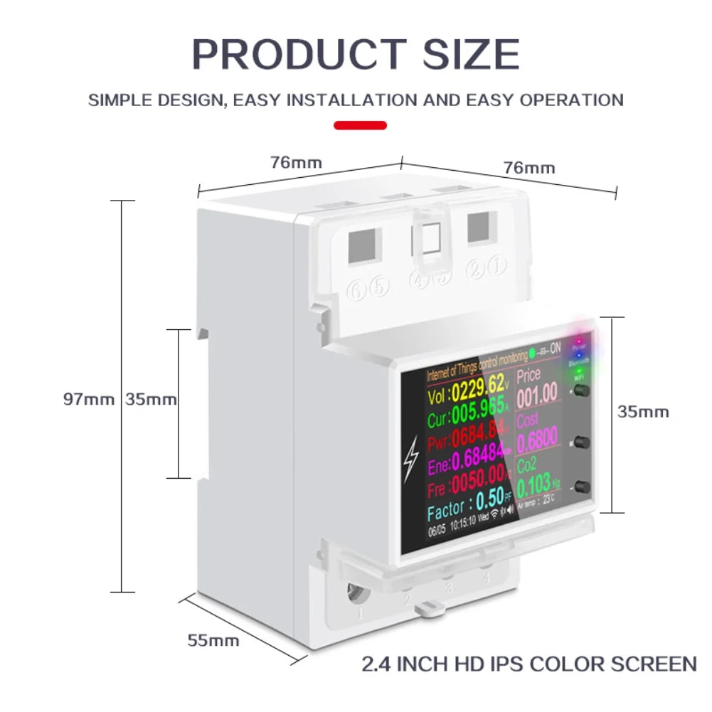 Tuya Wifi/Bluetooth  100A Din Rail Smart Switch Remote Control  220V 110V Digital Energy Kwh Frequency Factor Meter